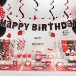 Happy Birthday σε κόκκινο και μαύρο με καρδούλες και πασχαλίτσες